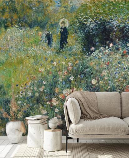 kunstmuurschildering genaamd Vrouw met een parasol in een tuin van Pierre-Auguste Renoir voor lounges en slaapkamers kunstmuurschildering genaamd Vrouw met een parasol in een tuin van Pierre-Auguste Renoir voor lounges en slaapkamers