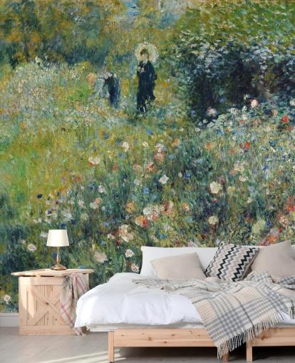 mural de pared de bellas artes llamado Mujer con sombrilla en un jardín de Pierre-Auguste Renoir para salones y dormitorios
