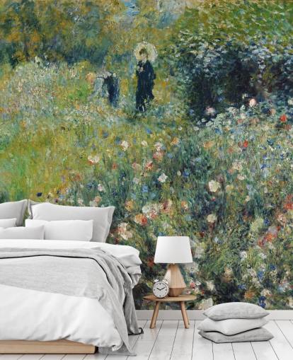 fine art wall mural called Woman with a Parasol in a Garden by Pierre-Auguste Renoir for lounges and bedrooms