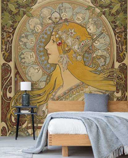 carta da parati fine art chiamata Zodiaque (La Plume) di Alphonse Mucha per case e aziende