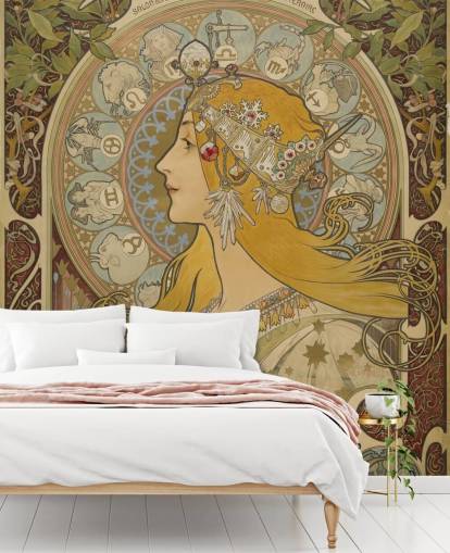 fine art wallpaper mural called Zodiaque (La Plume) by Alphonse Mucha for homes and businesses fine art wallpaper mural called Zodiaque (La Plume) by Alphonse Mucha for homes and businesses
