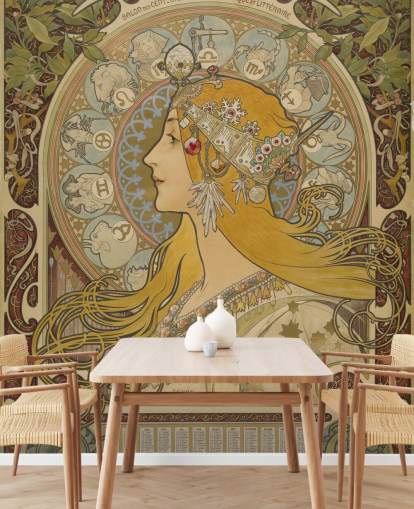 papier peint mural d'art appelé Zodiaque (La Plume) d'Alphonse Mucha pour les particuliers et les entreprises