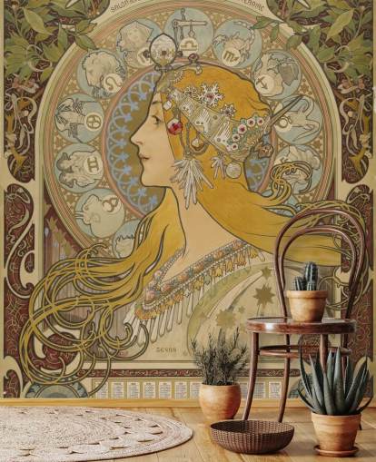 fine art wallpaper mural called Zodiaque (La Plume) by Alphonse Mucha for homes and businesses