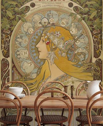 mural de papel pintado de bellas artes llamado Zodiaque (La Plume) de Alphonse Mucha para hogares y negocios