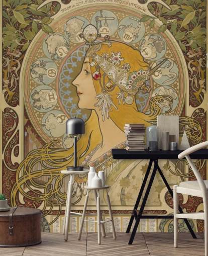 carta da parati fine art chiamata Zodiaque (La Plume) di Alphonse Mucha per case e aziende carta da parati fine art chiamata Zodiaque (La Plume) di Alphonse Mucha per case e aziende