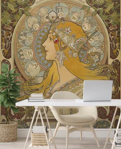 fine art wallpaper mural called Zodiaque (La Plume) by Alphonse Mucha for homes and businesses fine art wallpaper mural called Zodiaque (La Plume) by Alphonse Mucha for homes and businesses