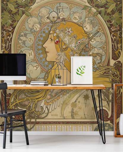 fine art wallpaper mural called Zodiaque (La Plume) by Alphonse Mucha for homes and businesses