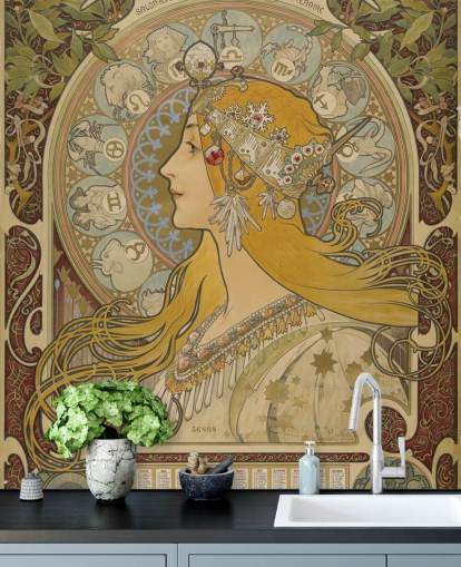 fine art wallpaper mural called Zodiaque (La Plume) by Alphonse Mucha for homes and businesses