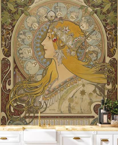 mural de papel pintado de bellas artes llamado Zodiaque (La Plume) de Alphonse Mucha para hogares y negocios