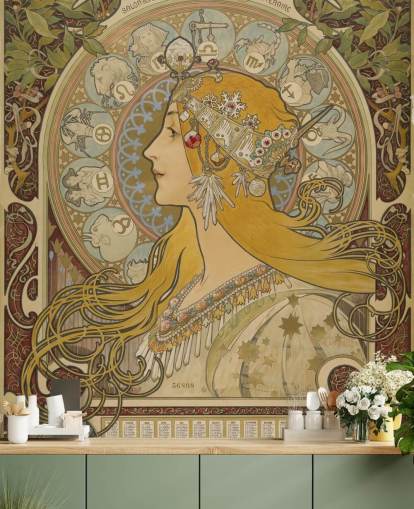 fine art wallpaper mural called Zodiaque (La Plume) by Alphonse Mucha for homes and businesses