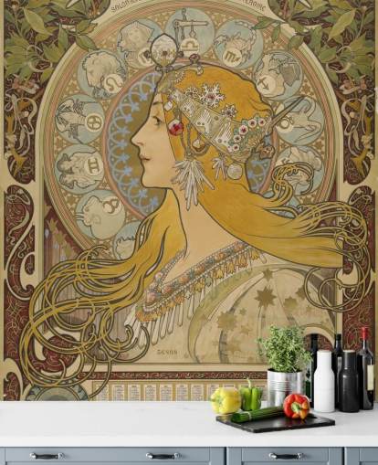 Kunsttapete namens Zodiaque (La Plume) von Alphonse Mucha für Privathaushalte und Unternehmen Kunsttapete namens Zodiaque (La Plume) von Alphonse Mucha für Privathaushalte und Unternehmen