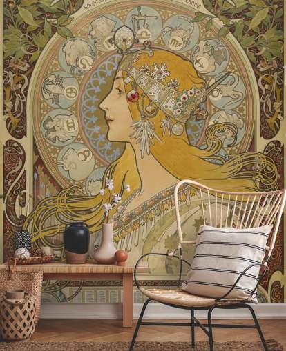kunsttapet vægmaleri kaldet Zodiaque (La Plume) af Alphonse Mucha til hjem og virksomheder