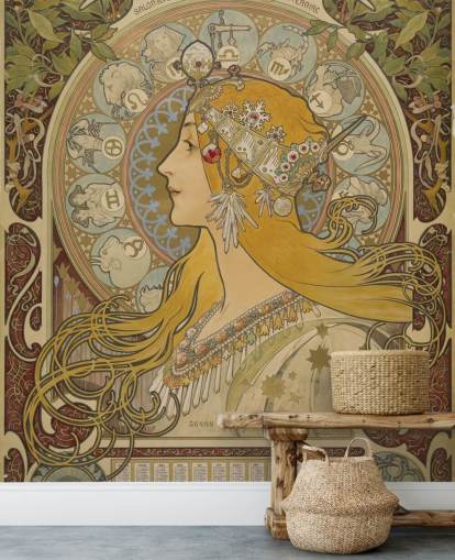 fine art wallpaper mural called Zodiaque (La Plume) by Alphonse Mucha for homes and businesses