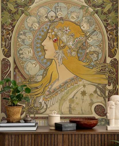 mural de papel de parede de belas artes chamado Zodiaque (La Plume) de Alphonse Mucha para residências e empresas
