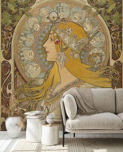 fine art behangmuurschildering genaamd Zodiaque (La Plume) van Alphonse Mucha voor woningen en bedrijven