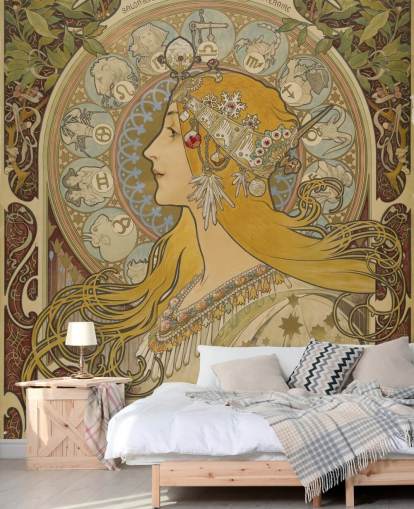 carta da parati fine art chiamata Zodiaque (La Plume) di Alphonse Mucha per case e aziende