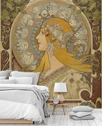 mural de papel pintado de bellas artes llamado Zodiaque (La Plume) de Alphonse Mucha para hogares y negocios