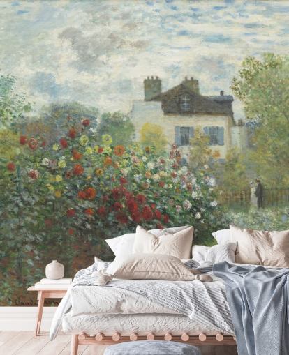 kunstmuurschildering genaamd The Artist's Garden in Argenteuil van Claude Monet voor woonkamers en eetkamers