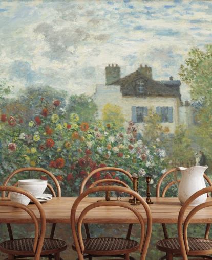 mural de parede de belas artes chamado The Artist's Garden in Argenteuil de Claude Monet para salas de estar e salas de jantar