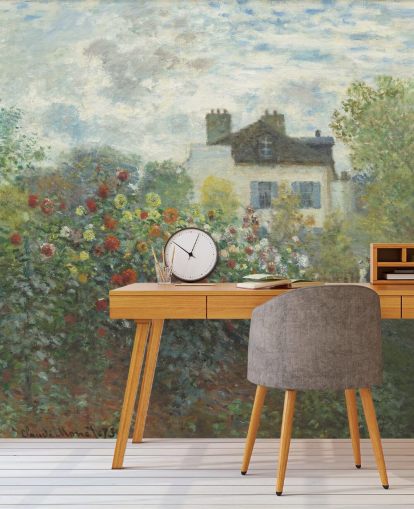 kunstmuurschildering genaamd The Artist's Garden in Argenteuil van Claude Monet voor woonkamers en eetkamers