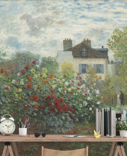 kunstmuurschildering genaamd The Artist's Garden in Argenteuil van Claude Monet voor woonkamers en eetkamers kunstmuurschildering genaamd The Artist's Garden in Argenteuil van Claude Monet voor woonkamers en eetkamers