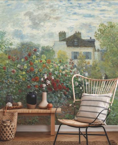 kunstmuurschildering genaamd The Artist's Garden in Argenteuil van Claude Monet voor woonkamers en eetkamers