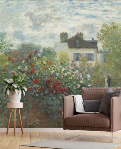 mural de parede de belas artes chamado The Artist's Garden in Argenteuil de Claude Monet para salas de estar e salas de jantar