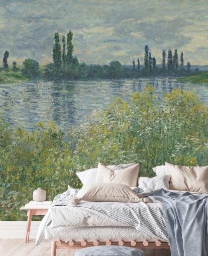 fine art wallpaper mural called Banks of the Seine, Vetheuil by Claude Monet for bedrooms and living rooms fine art wallpaper mural called Banks of the Seine, Vetheuil by Claude Monet for bedrooms and living rooms