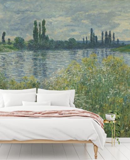 mural de papel pintado de bellas artes llamado Bancos del Sena, Vetheuil de Claude Monet para dormitorios y salas de estar