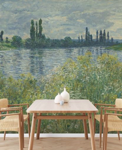 fine art wallpaper mural called Banks of the Seine, Vetheuil by Claude Monet for bedrooms and living rooms