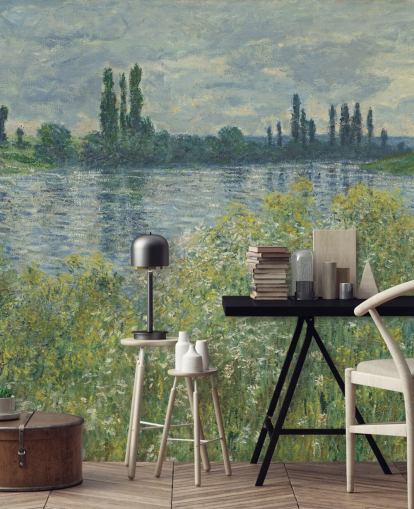 fine art behangmuurschildering genaamd Banks of the Seine, Vetheuil van Claude Monet voor slaapkamers en woonkamers