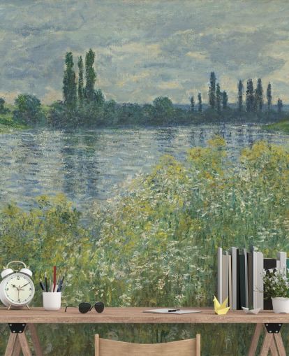 fine art wallpaper mural called Banks of the Seine, Vetheuil by Claude Monet for bedrooms and living rooms