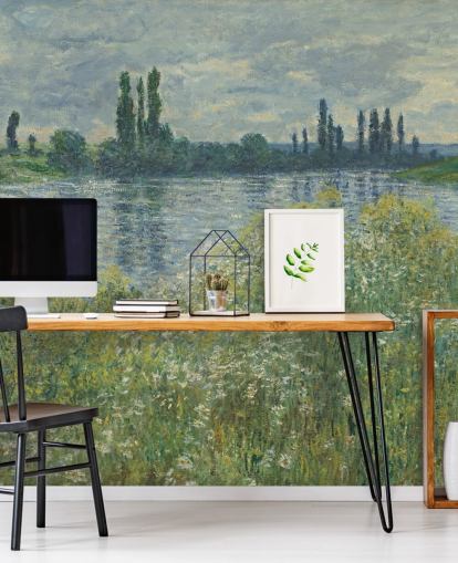 mural de papel pintado de bellas artes llamado Bancos del Sena, Vetheuil de Claude Monet para dormitorios y salas de estar
