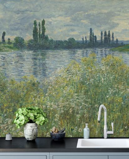 konsttapet väggmålning som heter Banks of the Seine, Vetheuil av Claude Monet för sovrum och vardagsrum