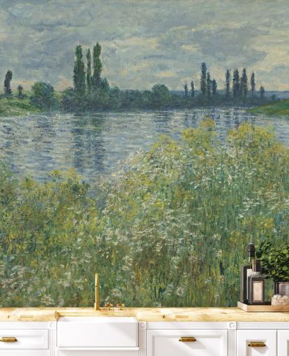 mural de papel pintado de bellas artes llamado Bancos del Sena, Vetheuil de Claude Monet para dormitorios y salas de estar mural de papel pintado de bellas artes llamado Bancos del Sena, Vetheuil de Claude Monet para dormitorios y salas de estar