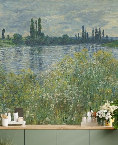 Kunsttapete mit dem Titel Ufer der Seine, Vetheuil von Claude Monet für Schlafzimmer und Wohnzimmer Kunsttapete mit dem Titel Ufer der Seine, Vetheuil von Claude Monet für Schlafzimmer und Wohnzimmer