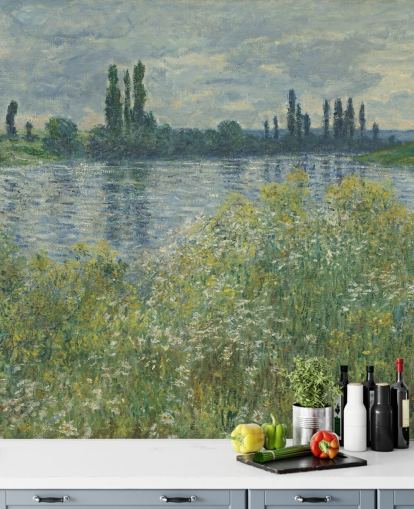 fine art wallpaper mural called Banks of the Seine, Vetheuil by Claude Monet for bedrooms and living rooms