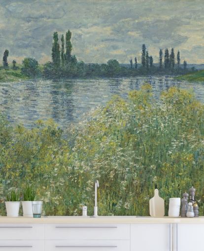 konsttapet väggmålning som heter Banks of the Seine, Vetheuil av Claude Monet för sovrum och vardagsrum