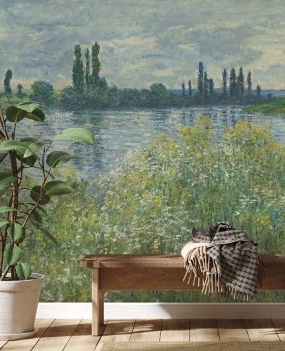 taidetaustakuvamaalaus nimeltä Banks of the Seine, Vetheuil, kirjoittanut Claude Monet makuuhuoneisiin ja olohuoneisiin