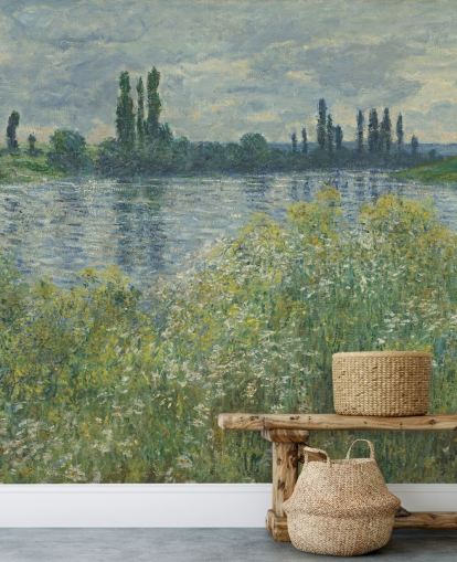 konsttapet väggmålning som heter Banks of the Seine, Vetheuil av Claude Monet för sovrum och vardagsrum