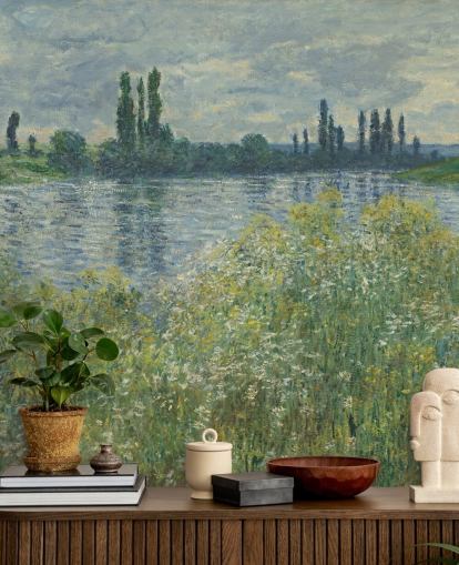 mural de papel pintado de bellas artes llamado Bancos del Sena, Vetheuil de Claude Monet para dormitorios y salas de estar mural de papel pintado de bellas artes llamado Bancos del Sena, Vetheuil de Claude Monet para dormitorios y salas de estar
