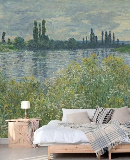 carta da parati fine art chiamata Banks of the Seine, Vetheuil di Claude Monet per camere da letto e salotti