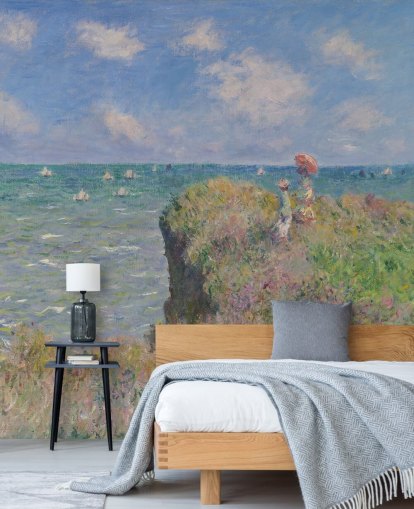 mural de papel pintado de bellas artes llamado Cliff Walk at Pourville de Claude Monet para dormitorios y salas de estar