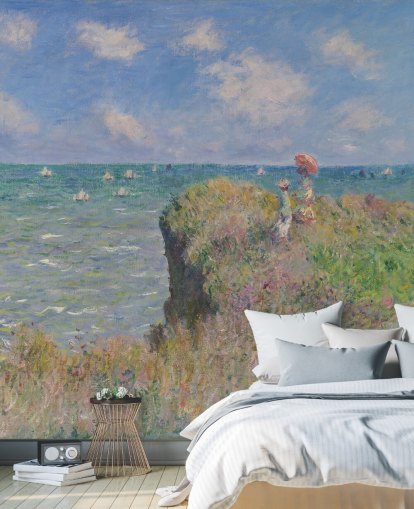 mural de papel pintado de bellas artes llamado Cliff Walk at Pourville de Claude Monet para dormitorios y salas de estar