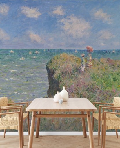 fine art behangmuurschildering genaamd Cliff Walk at Pourville van Claude Monet voor slaapkamers en woonkamers fine art behangmuurschildering genaamd Cliff Walk at Pourville van Claude Monet voor slaapkamers en woonkamers