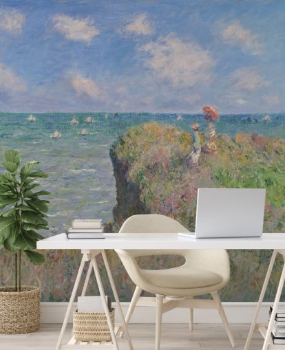 fine art behangmuurschildering genaamd Cliff Walk at Pourville van Claude Monet voor slaapkamers en woonkamers