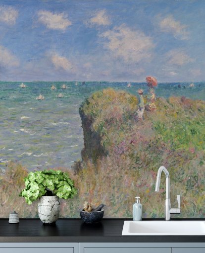 fine art wallpaper mural called Cliff Walk at Pourville by Claude Monet for bedrooms and living rooms