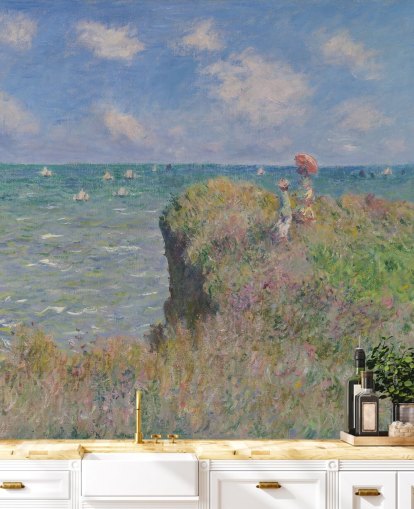 fine art behangmuurschildering genaamd Cliff Walk at Pourville van Claude Monet voor slaapkamers en woonkamers