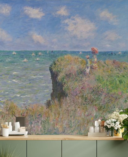 fine art wallpaper mural called Cliff Walk at Pourville by Claude Monet for bedrooms and living rooms