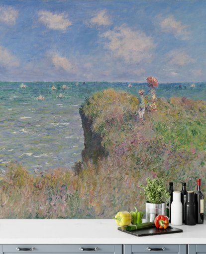mural de papel pintado de bellas artes llamado Cliff Walk at Pourville de Claude Monet para dormitorios y salas de estar